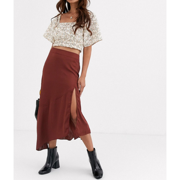 Free People Dresses & Skirts - FREE PEOPLE Lola Satin Bias Thigh Split Midi Skirt Brick Brown Size 2